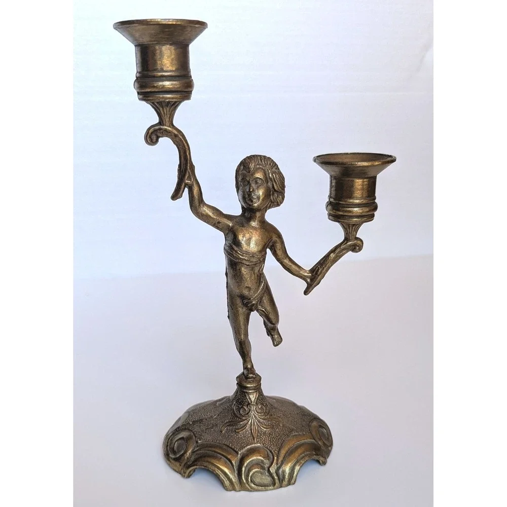 Solid Brass Cherub Candelabra Double Taper Candle Holder Putti Figure VTG
